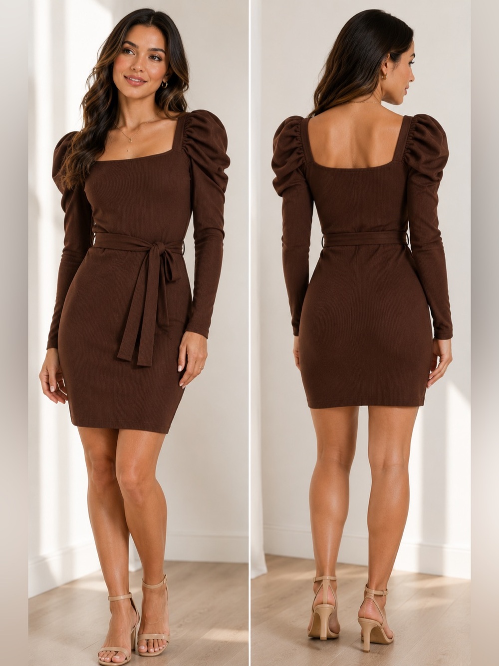 4SI3NNA Brown Puff Sleeve Mini Dress Tie Waist Square Neck Size S NWT
